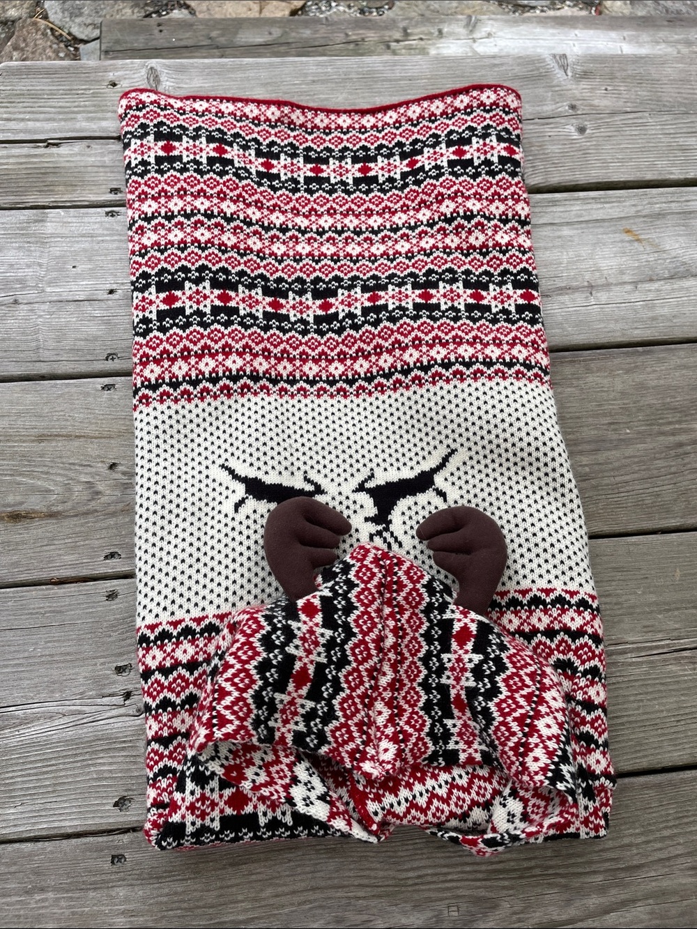 Festive Red & White Reindeer Knit Dog Sweater with Antler on hood size: XL